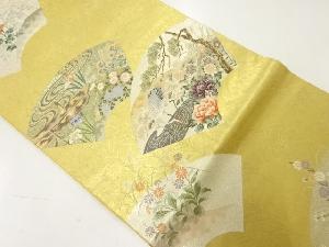 リサイクル　地紙に松鶴・花模様織出し袋帯